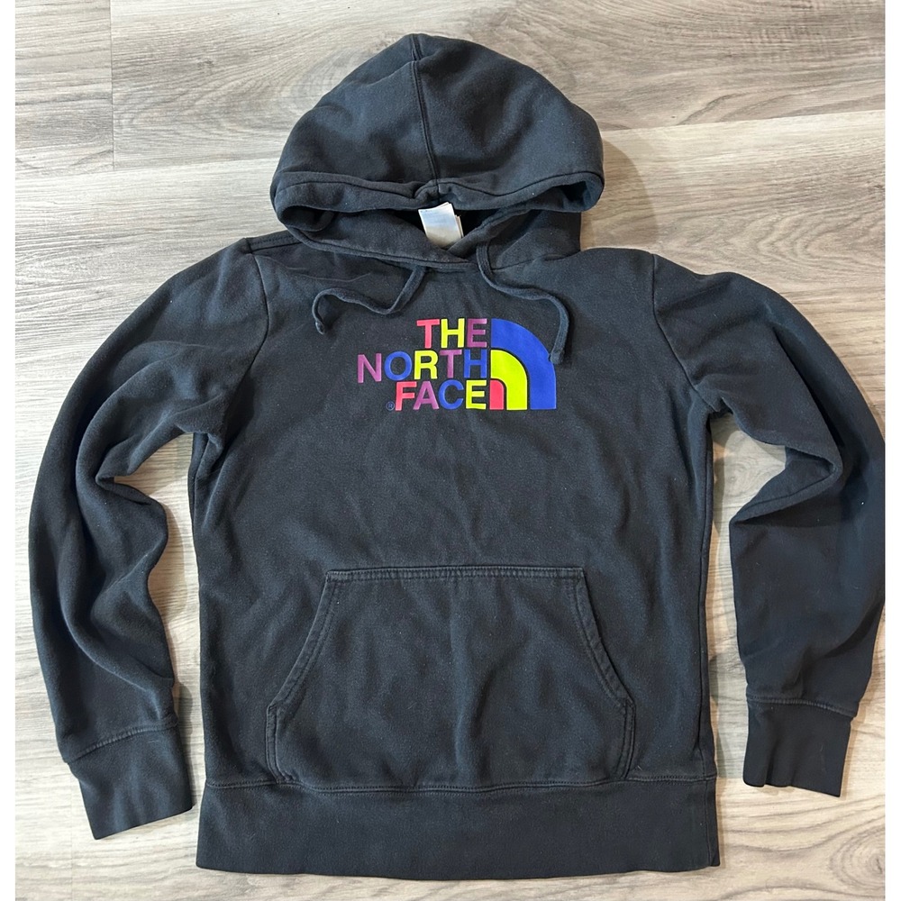 The North Face Womens Rainbow Logo Pullover Hoodie Cotton Blend Small Black